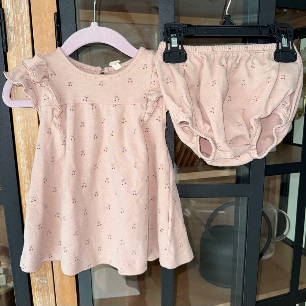 Quincy Mae Cherries Flutter Dress bloomers set ruffle bows mauve blush baby girl